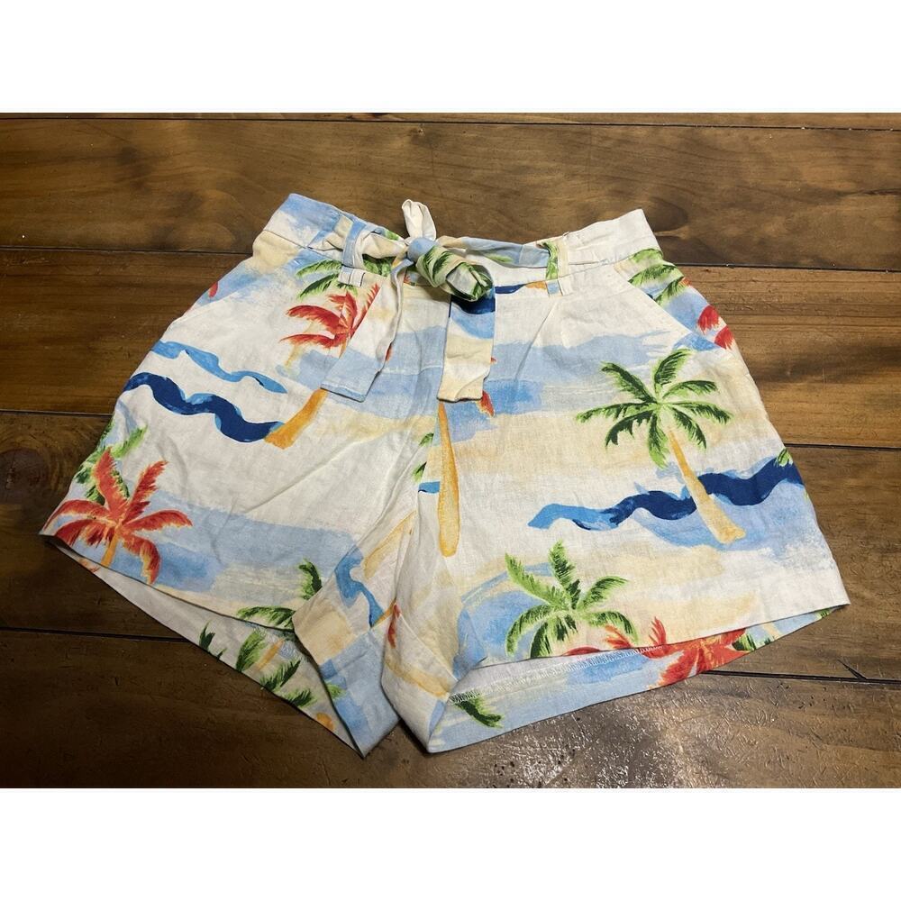 C&C California Tropical Beach Palm Tree Belted Linen Blend Shorts Womens Size 4